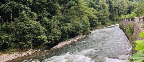 A river flowing through a forested area with a stone retaining wall on one side.