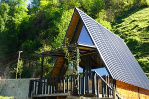 Une cabane moderne en bois, dotée d’un toit à pente et d’une terrasse en bois.