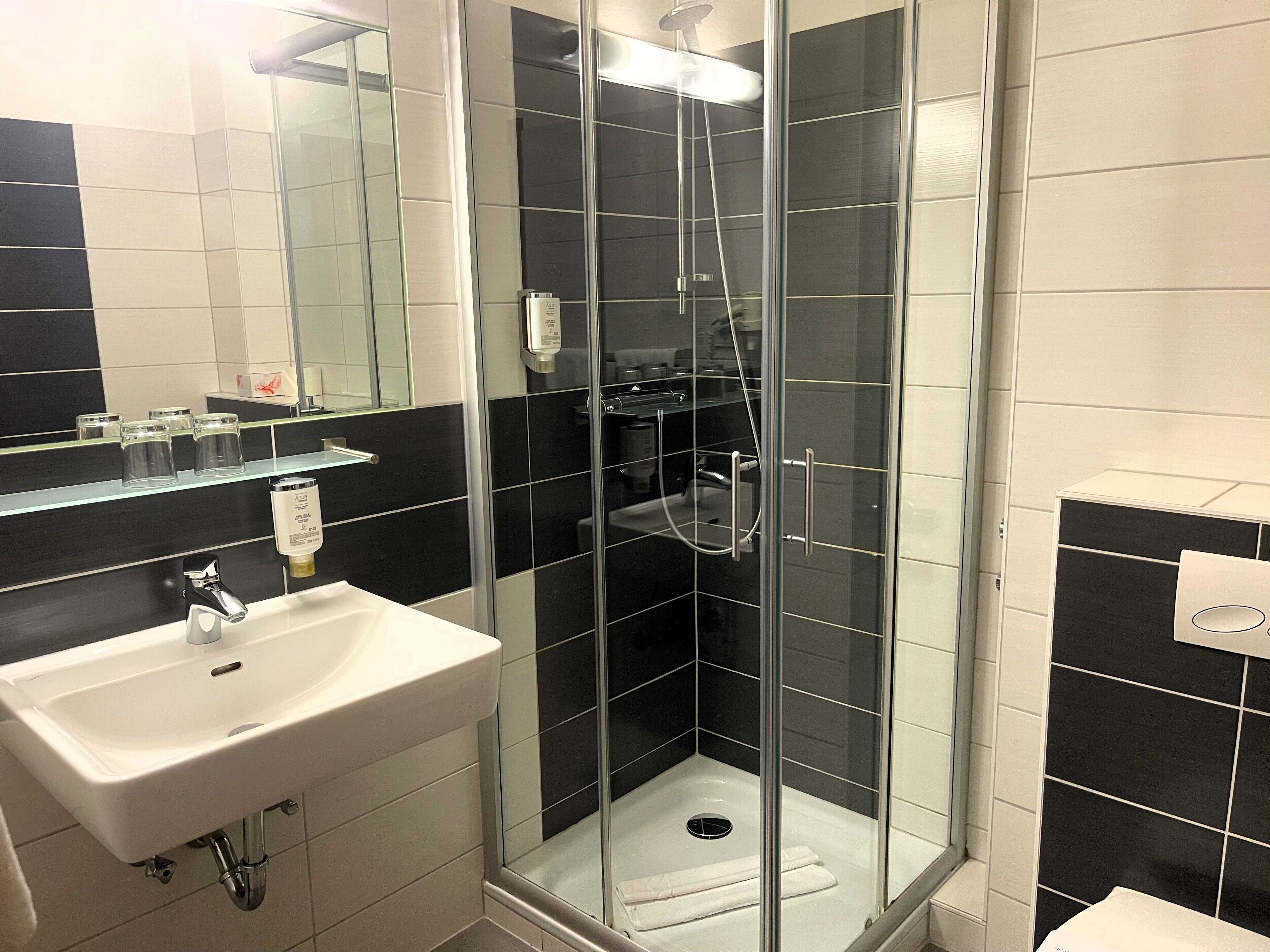 shower, free toiletries, hair dryer, towels