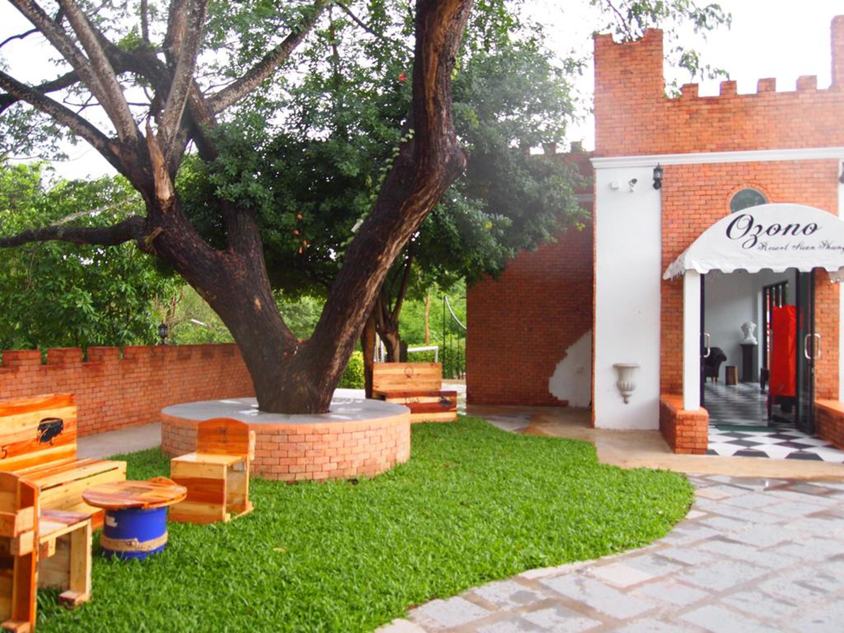 A courtyard with a large tree, outdoor seating, and a brick building with a sign reading "Ozone".