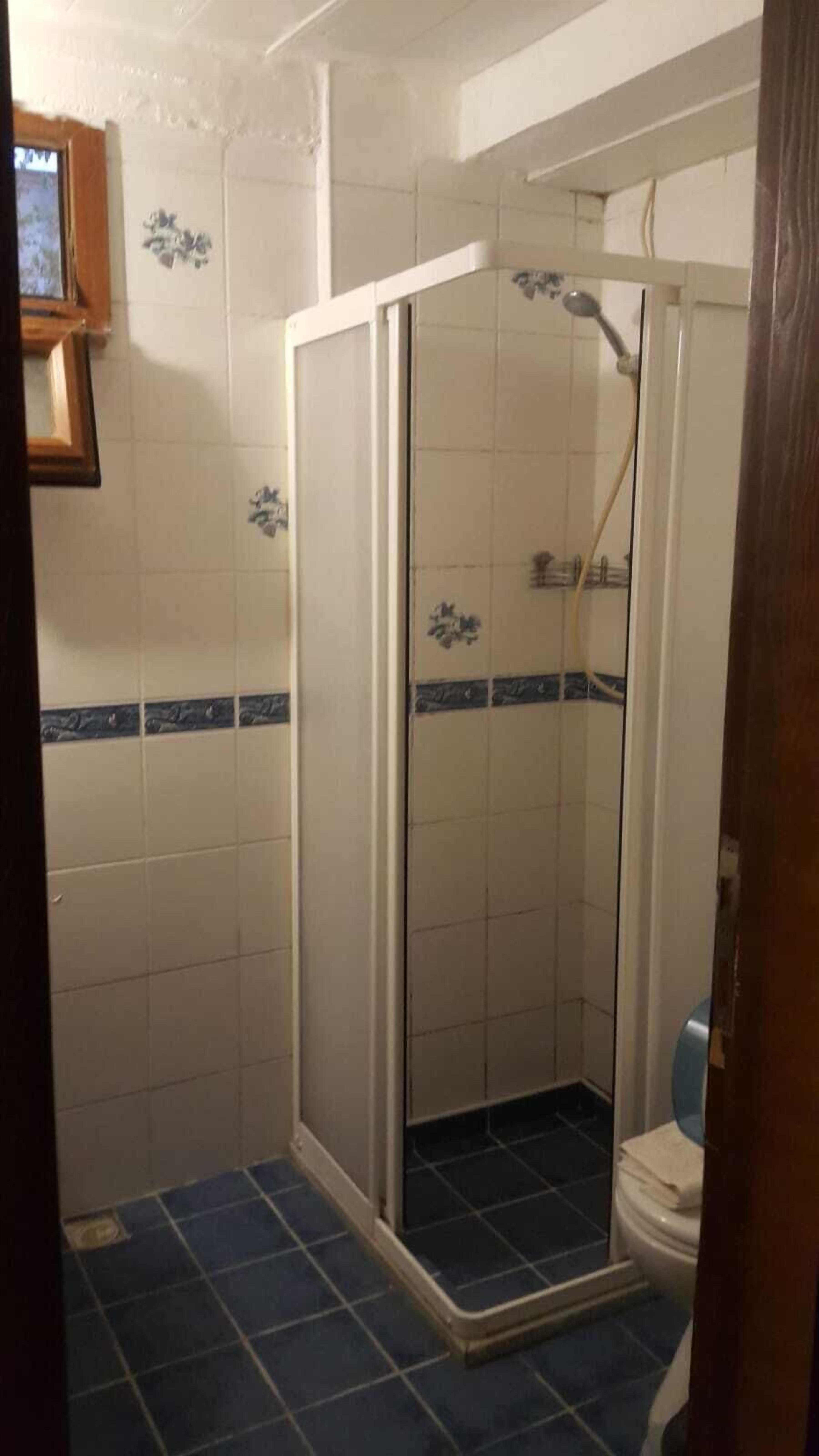 Ein Badezimmer mit Duschkabine, Toilette und blauen Fliesen.