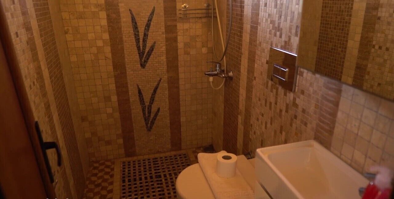 Baño con ducha, inodoro y lavamanos.