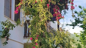 Un edificio de dos pisos con balcones, un jardín con flores rosadas y un cielo despejado.