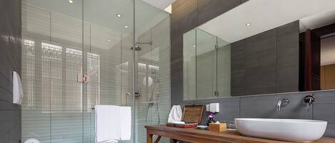 A modern bathroom with a glass shower enclosure, a wooden vanity with a large sink, and a toilet.