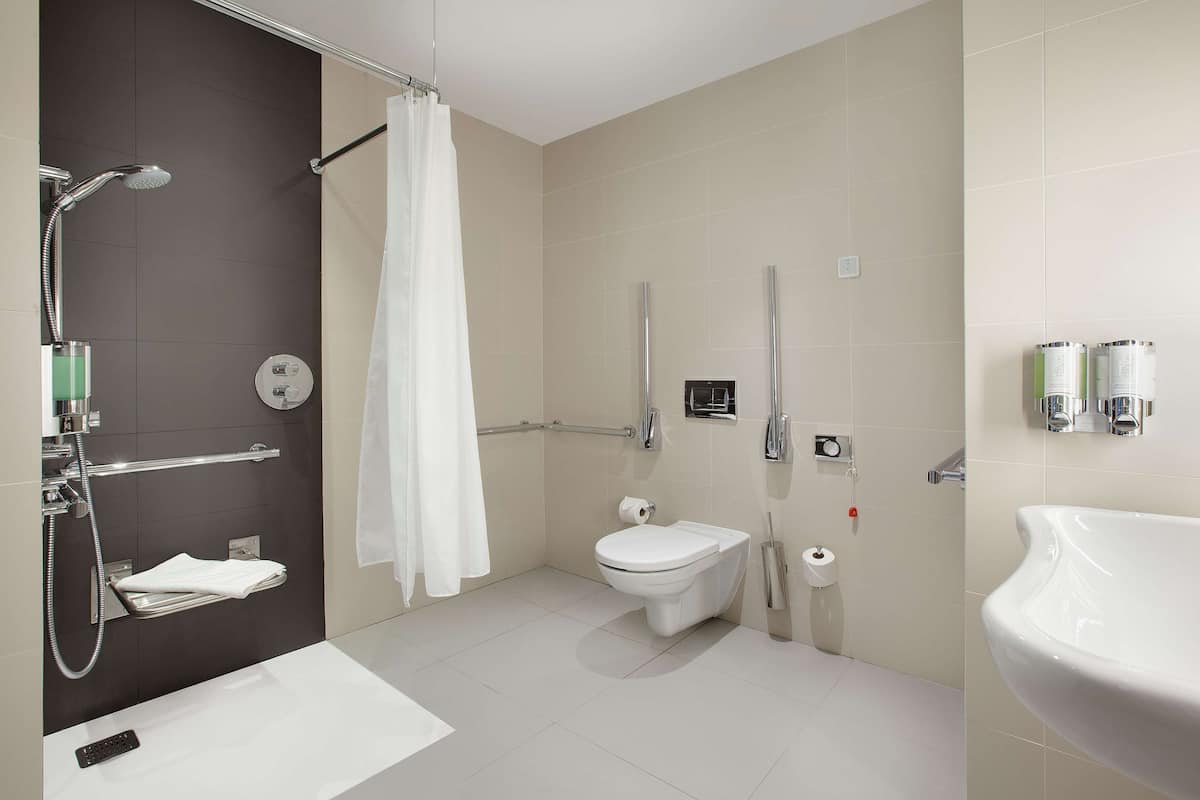 room, 1 queen bed, accessible | bathroom shower