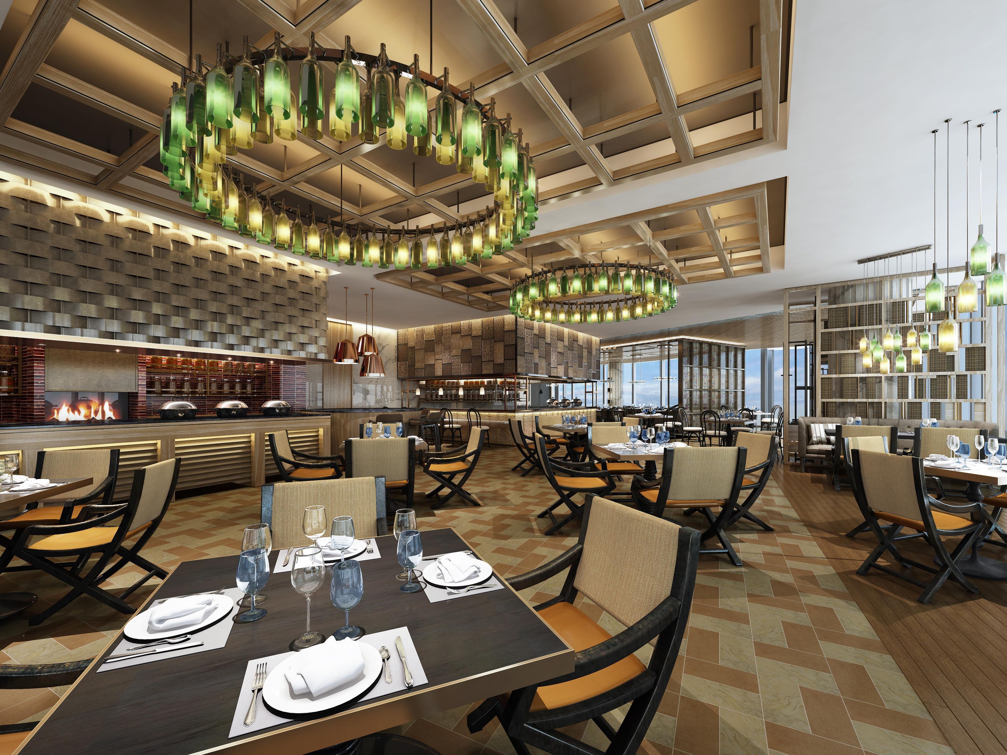A restaurant interior with multiple dining tables, chairs, and hanging green glass chandeliers.