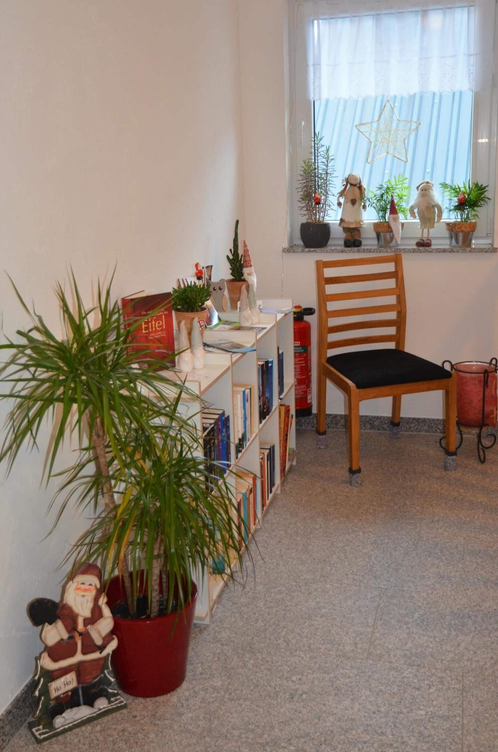 Un rincón acogedor para leer, con una silla de madera, una estantería llena de libros y una planta en maceta.