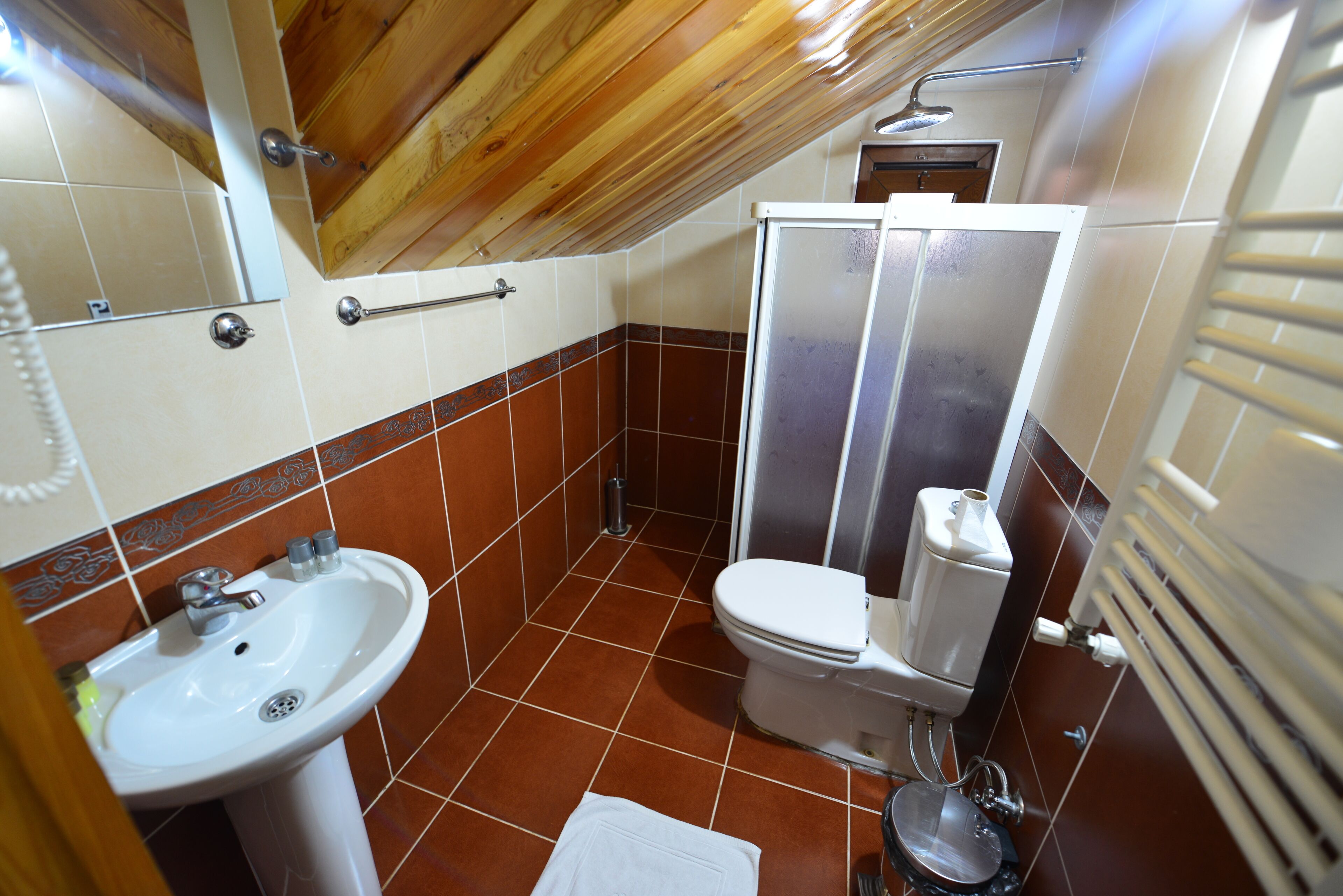 Ein Badezimmer mit Holzboden, einem weißen Waschbecken, einer Toilette und einer Dusche.