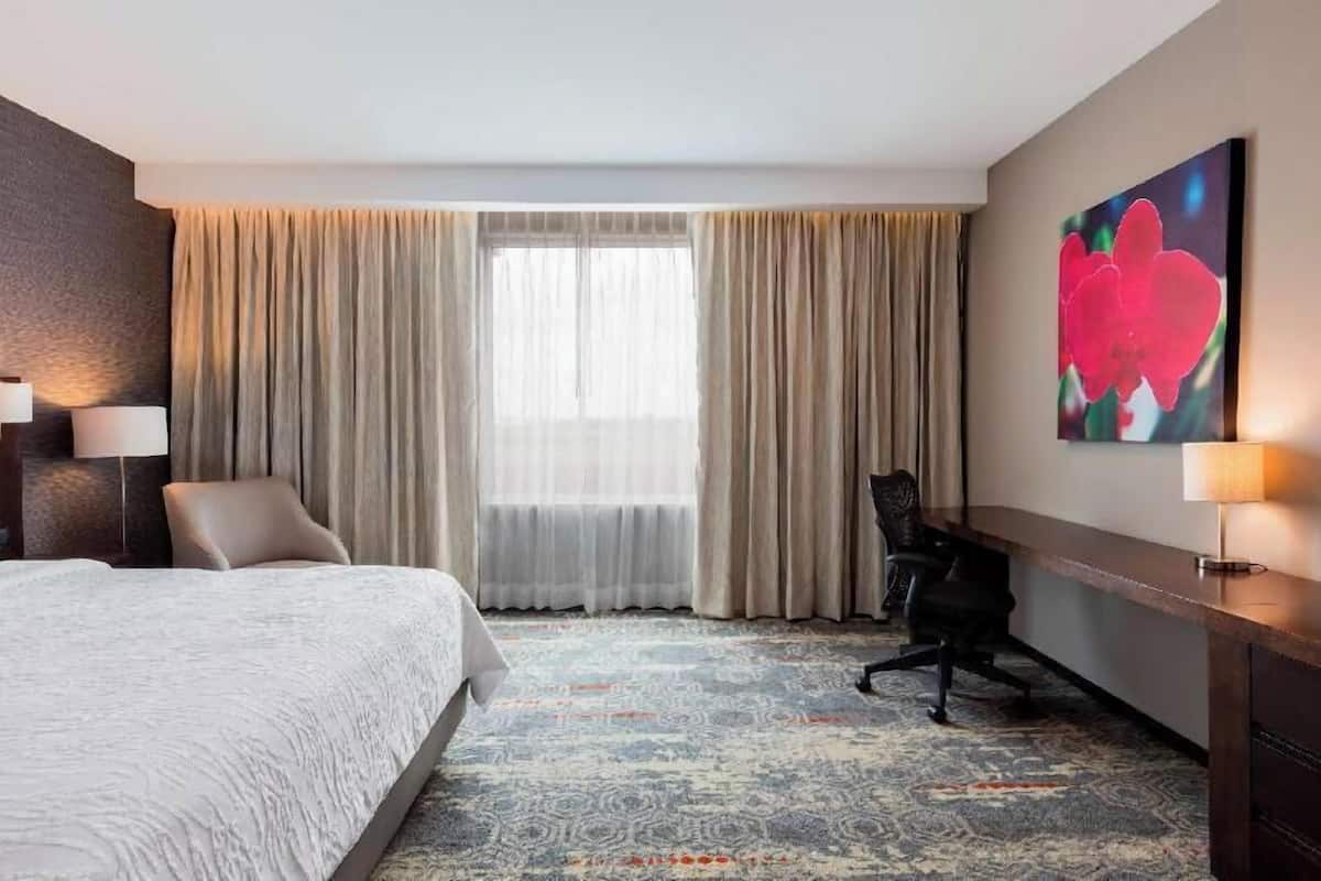 Una habitación de hotel con cama, escritorio, silla y un ventanal con cortinas.