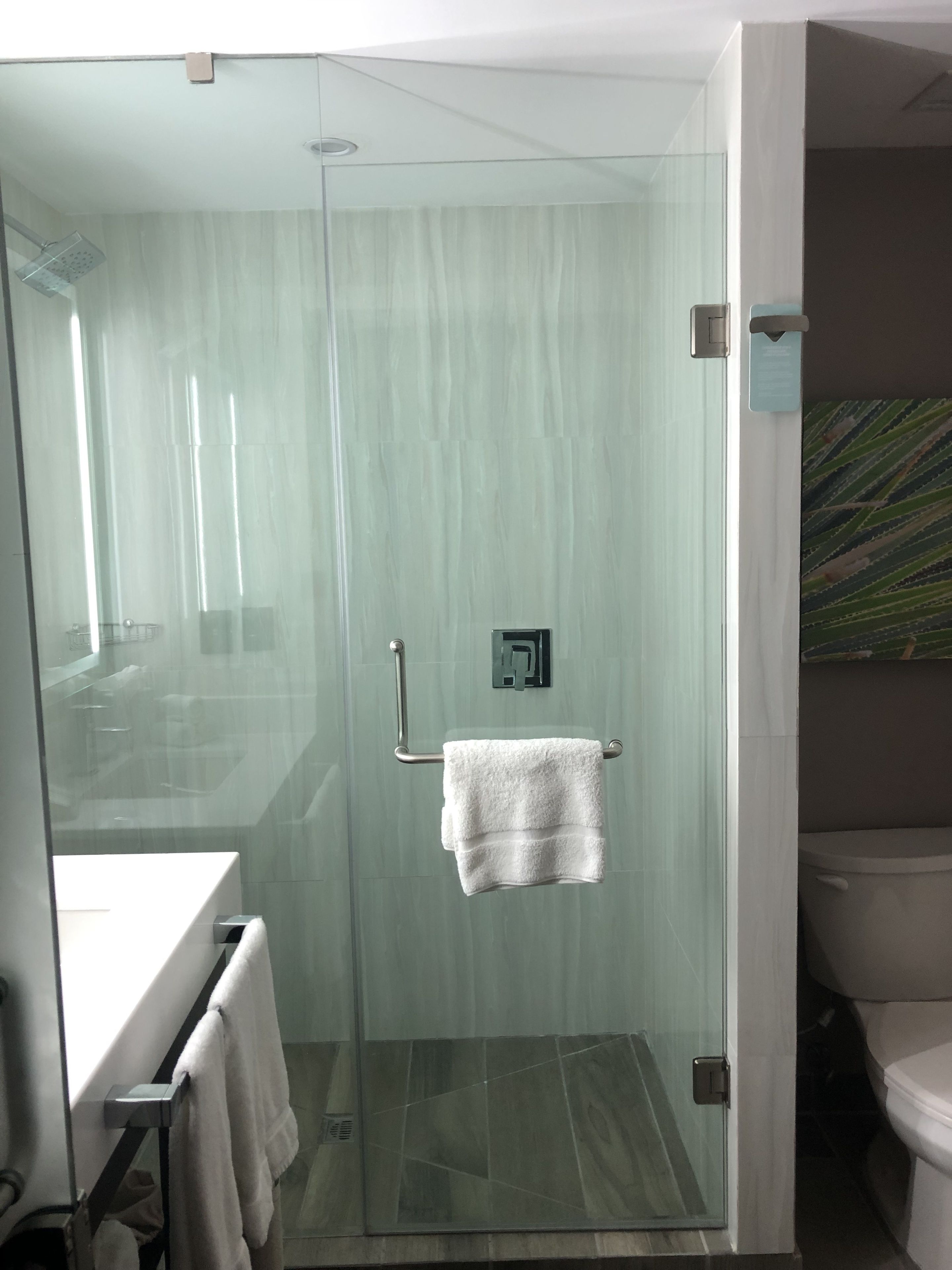 A modern bathroom with a glass-enclosed shower, a white sink, and a toilet.