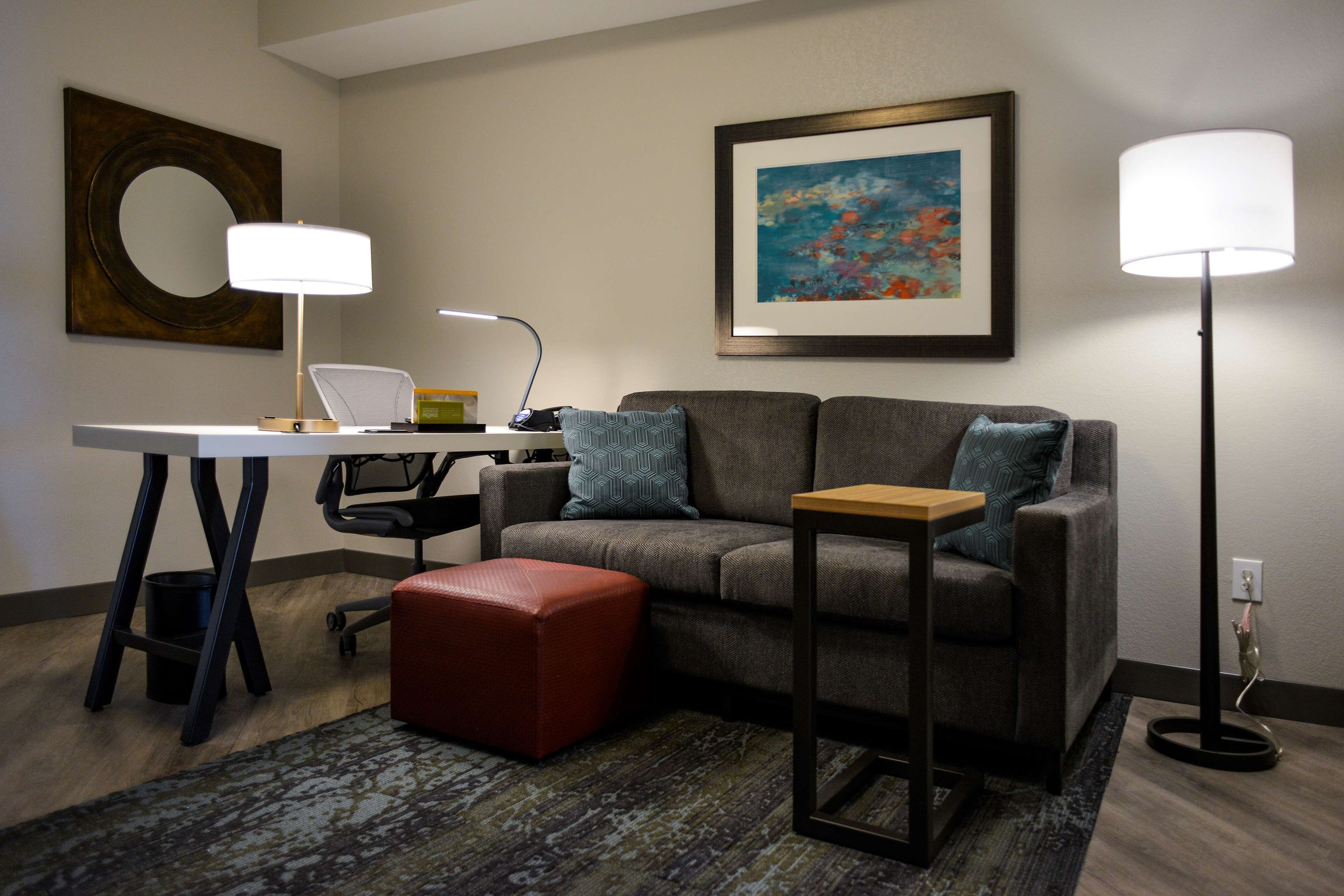 desk, laptop workspace, blackout curtains, iron/ironing board