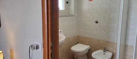 Un bagno con il water, un bidet e uno spazio doccia.