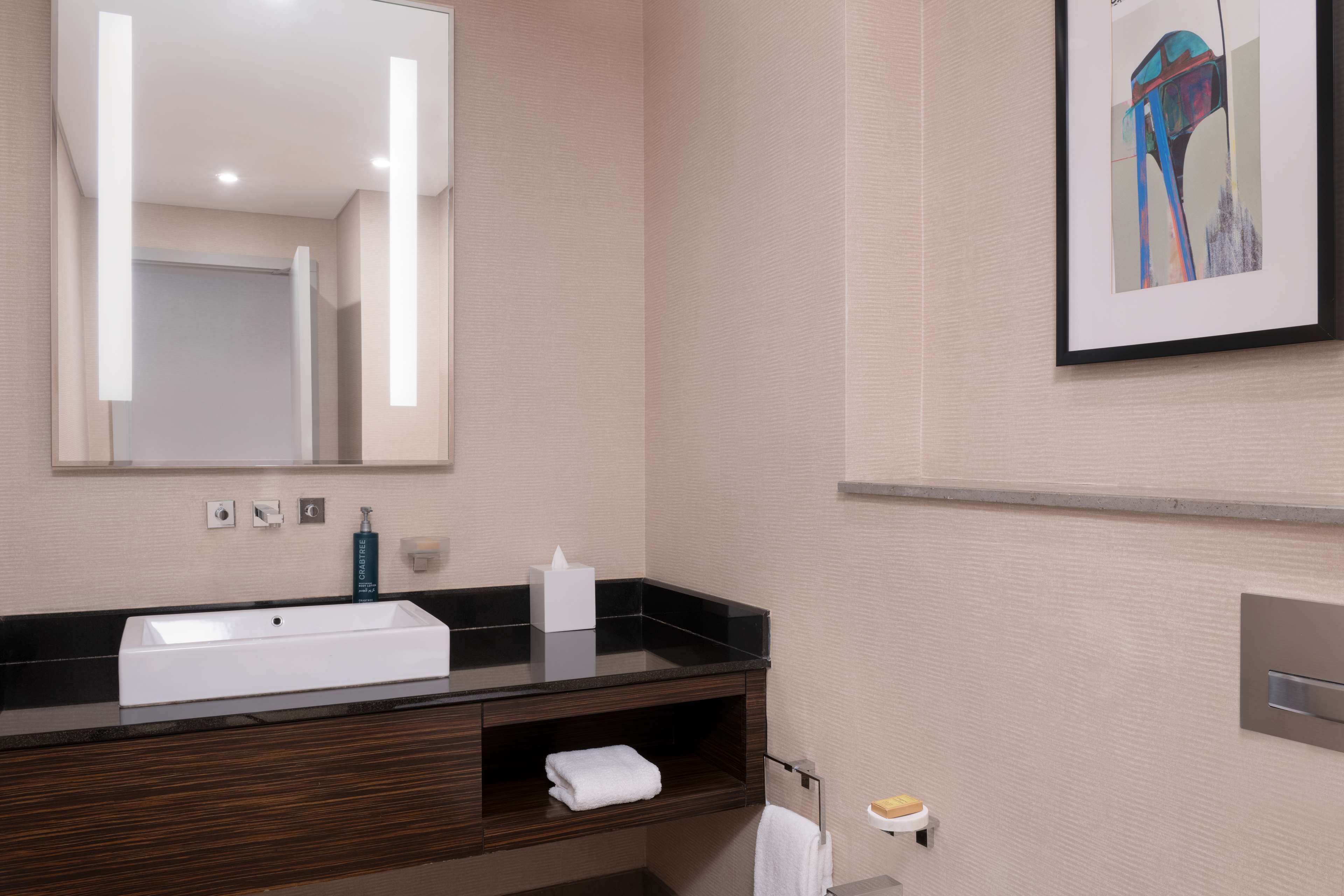 Un baño moderno con un espejo grande, un lavamanos blanco y una obra de arte enmarcada en la pared.