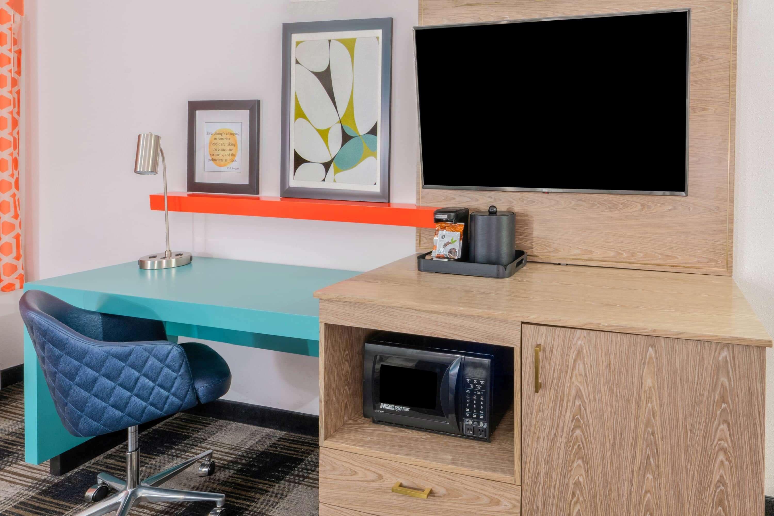 premium bedding, pillow-top beds, desk, laptop workspace