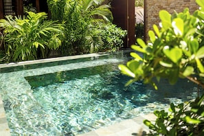 A clear swimming pool with a stone border, surrounded by lush green plants. - Villa Alegria - La Villa Group (Jijoca de Jericoacoara)
