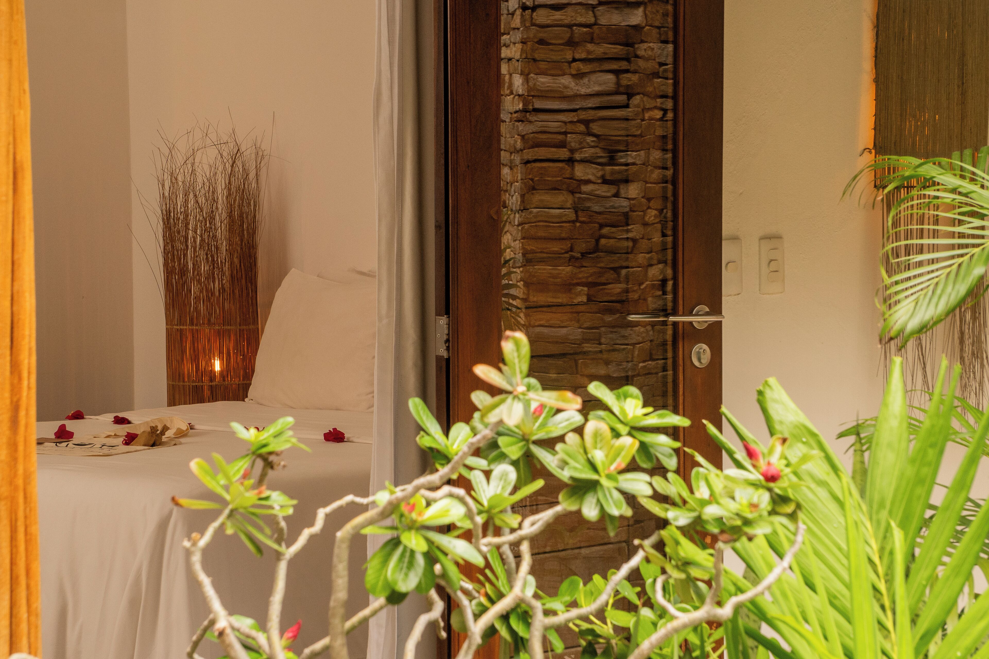 Una habitación con una cama, un muro de piedra, una puerta y algunas plantas.