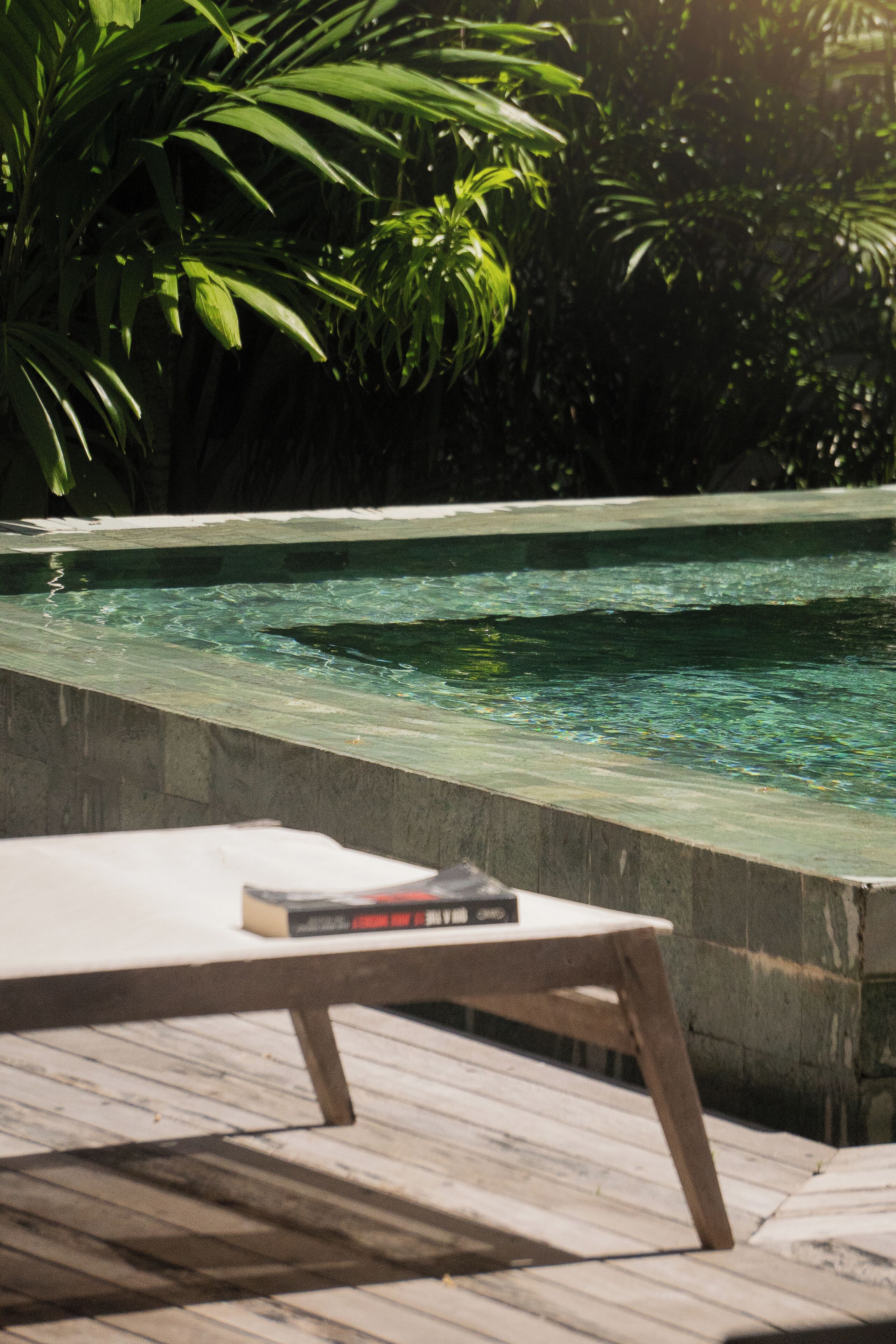 Un área de piscina con una silla de descanso y un libro, rodeada de follaje.