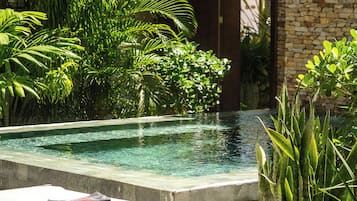 En swimmingpool med kristallklart vatten, omgiven av frodig grönska och en stenmur.