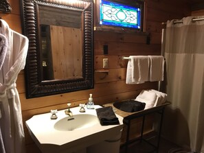 Shower, free toiletries, hair dryer, bathrobes