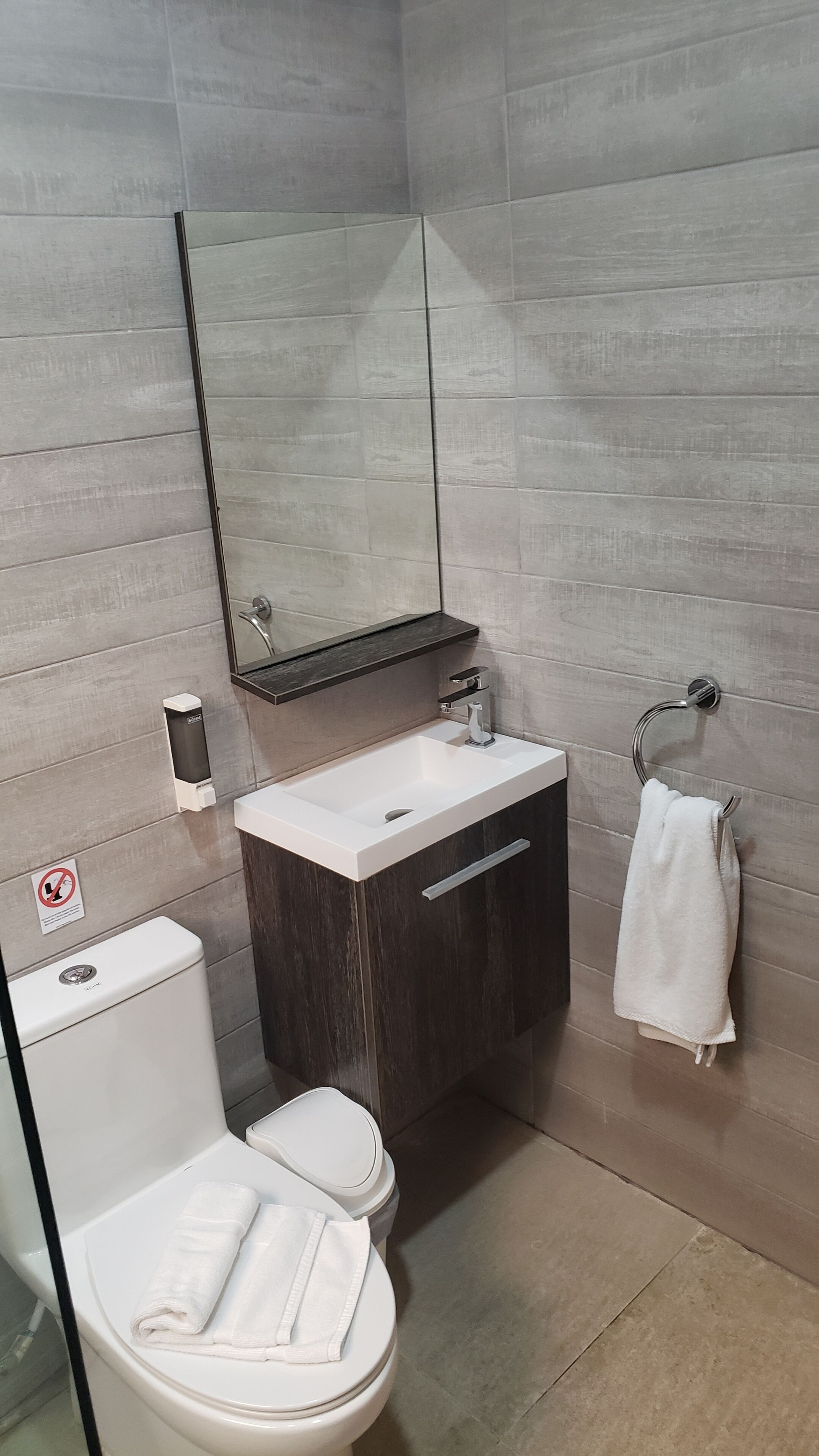 A modern bathroom with a toilet, sink, and mirror.