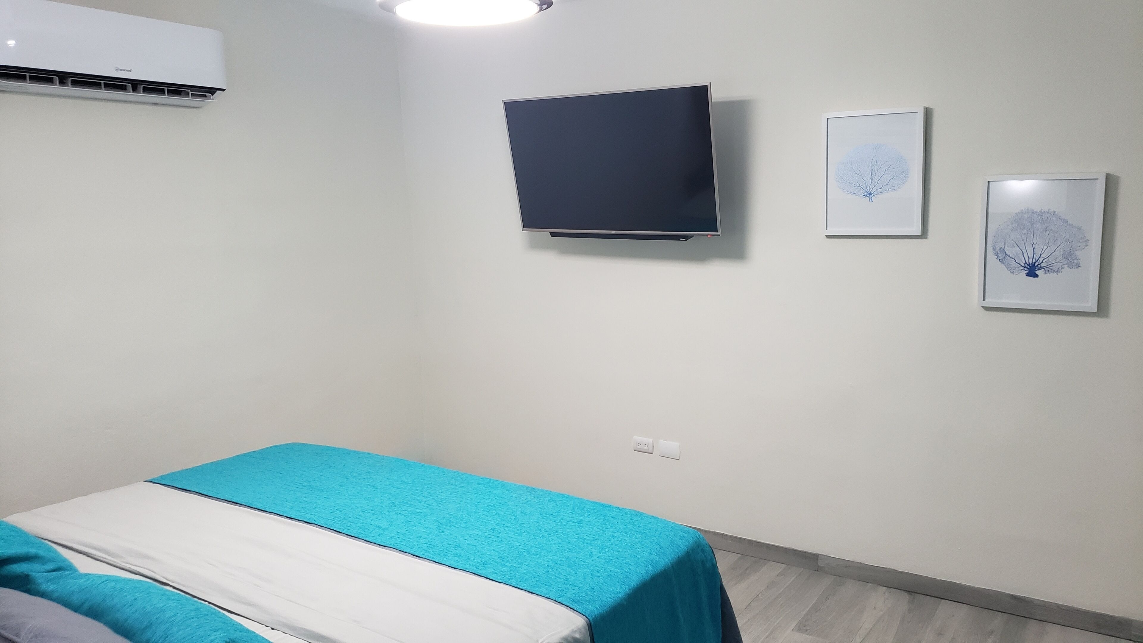 A bedroom with a bed, a flat-screen TV, and two framed pictures on the wall.