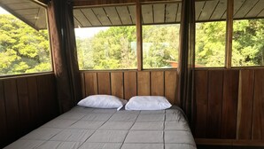 A single bed with a grey quilt and two white pillows in a wooden room with a view of green trees through a window. - Casa Campo Verde (Monteverde)
