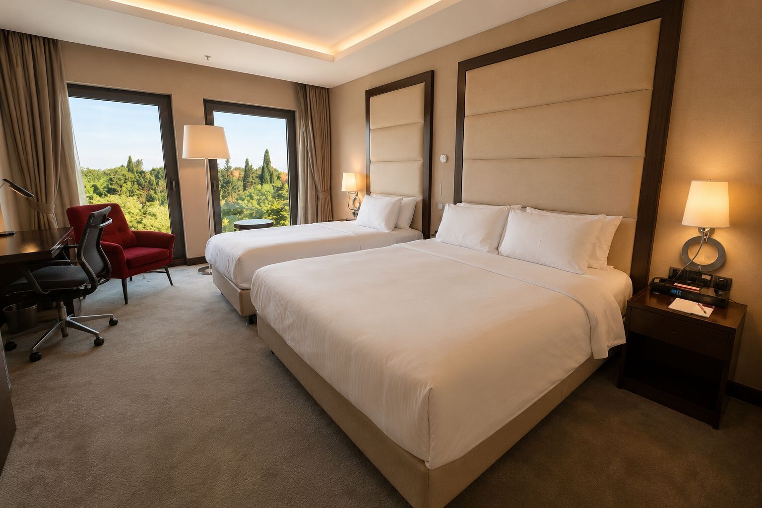 A hotel room with two beds, a desk with a chair, a lamp, and a view of greenery outside.