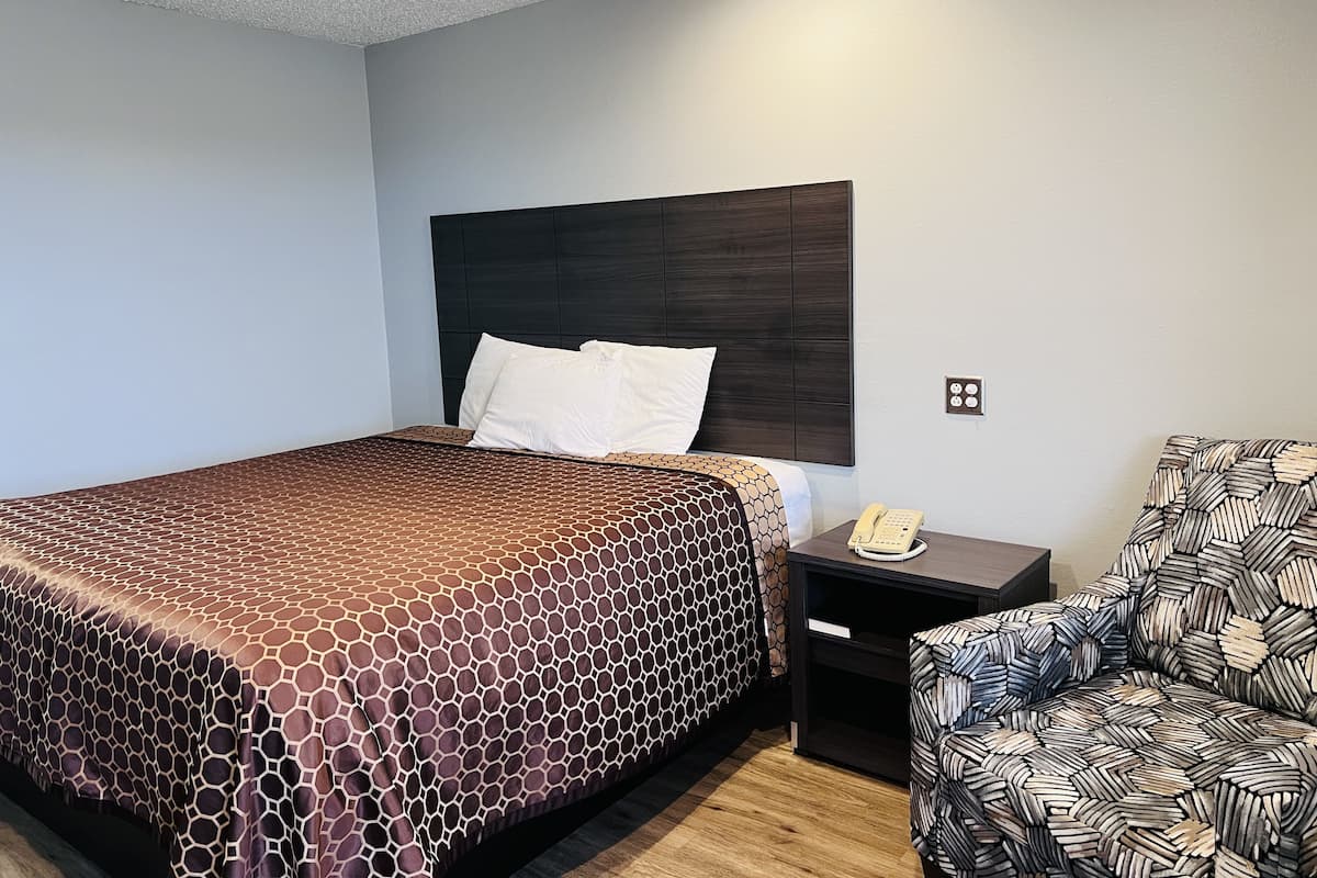 Una habitación de hotel con una cama, una mesita de noche, un teléfono y un sillón estampado.