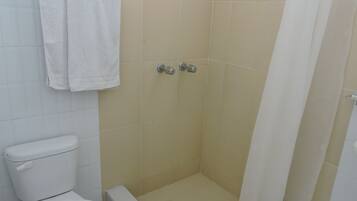 A small, enclosed shower area with a toilet and a towel rack.
