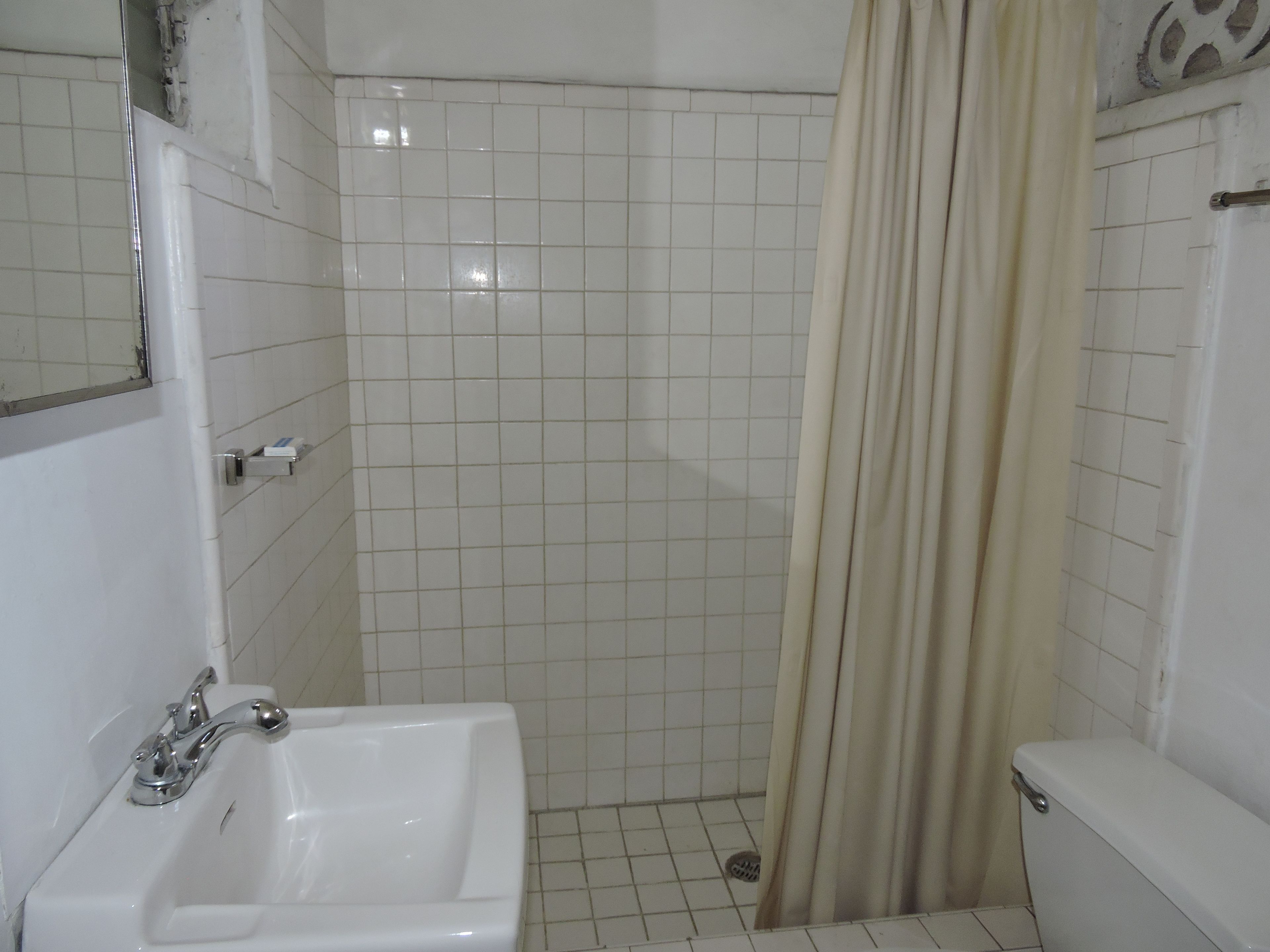 A bathroom with a white sink, a toilet, and a shower area with a curtain.