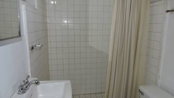 A bathroom with a white sink, a toilet, and a shower area with a curtain.