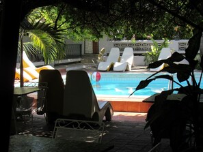 Outdoor pool, sun loungers