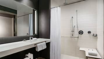 Shower, rainfall showerhead, eco-friendly toiletries, hair dryer