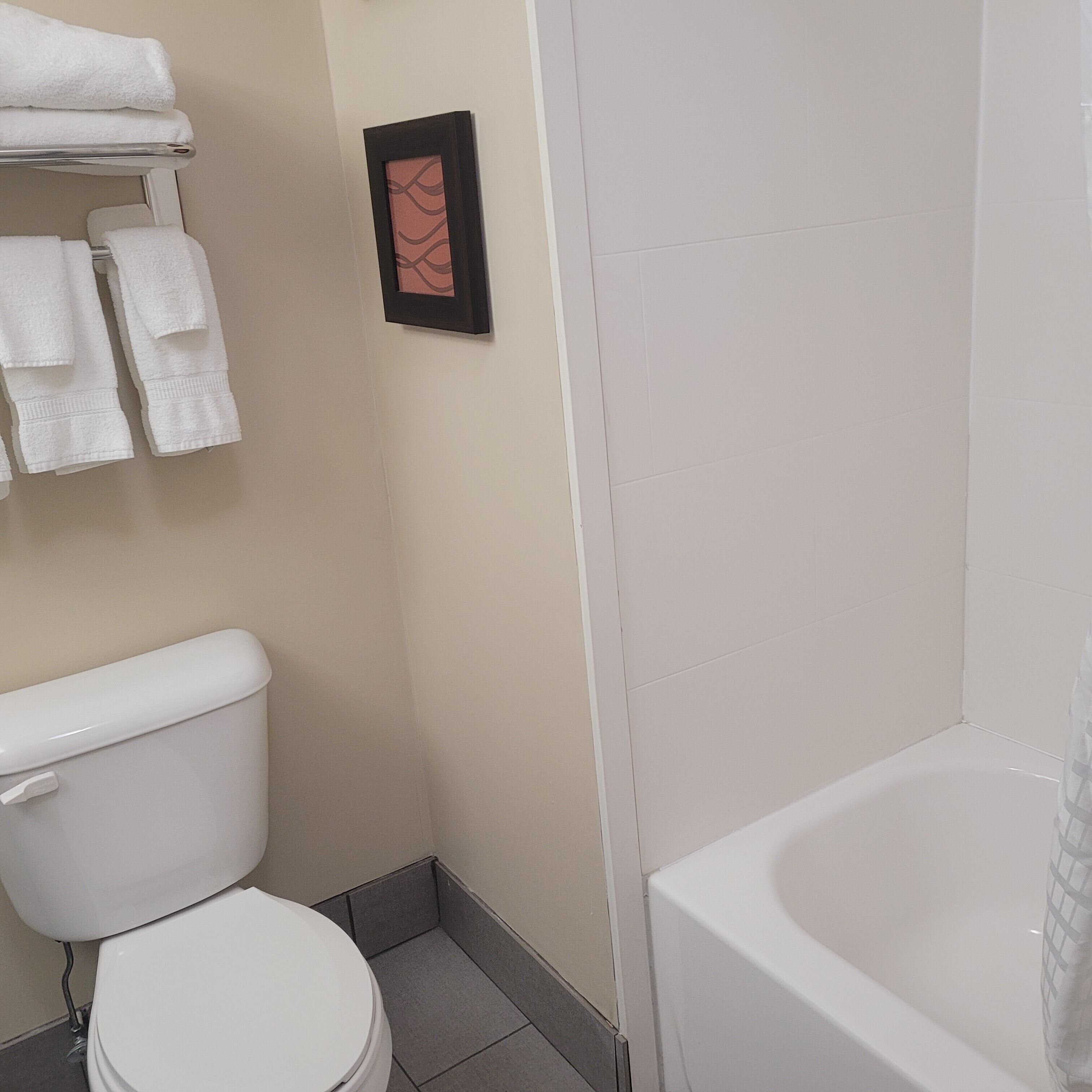 standard room, 2 queen beds, non smoking | bathroom | combined shower/bathtub, hair dryer, towels