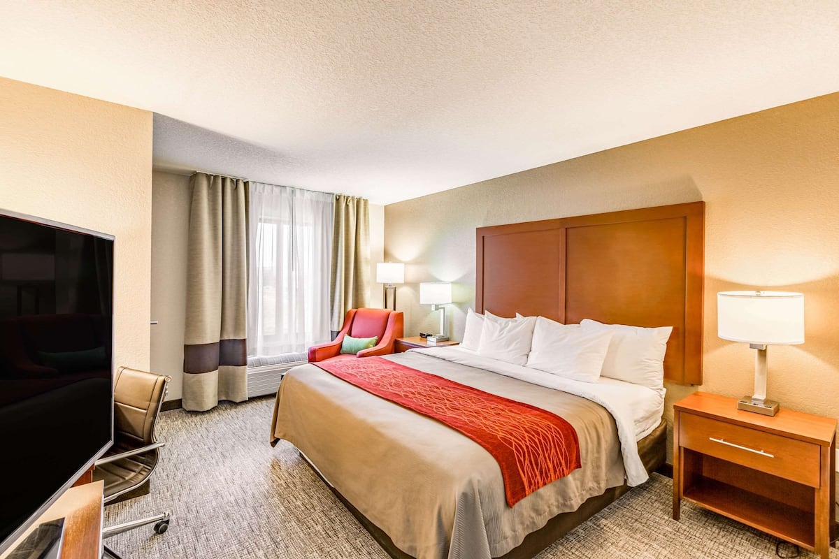 A hotel room with a large bed, a TV, a chair, a desk, and a lamp.