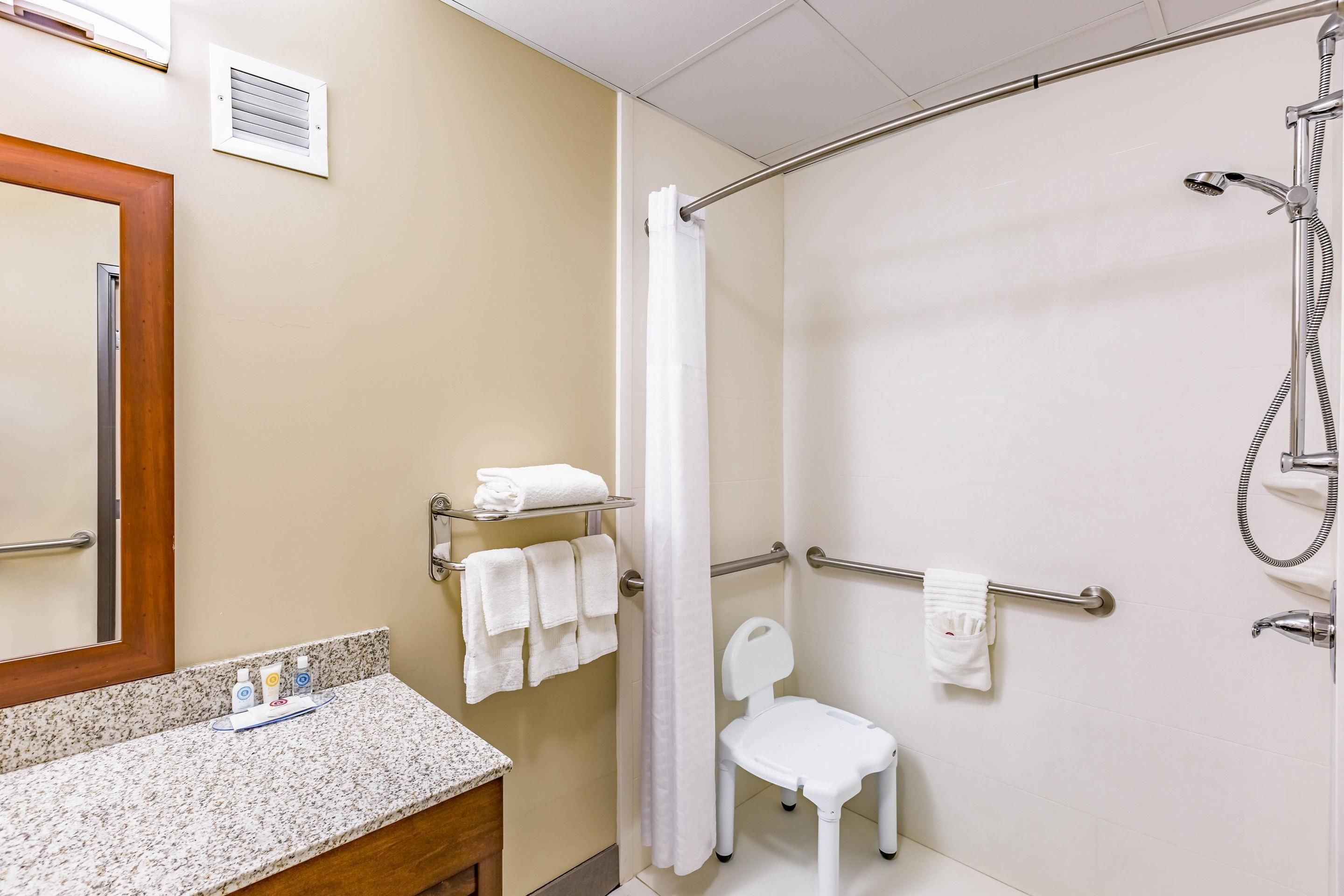 room, 1 king bed, accessible, non smoking | bathroom | combined shower/bathtub, hair dryer, towels