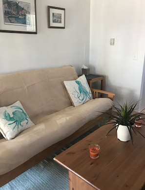 Un salon avec un canapé beige, deux coussins turquoise à motifs de poulpe, une table basse en bois sur laquelle sont posés un pot de plante et une bougie, ainsi qu’une petite table d’appoint avec une boîte de mouchoirs.