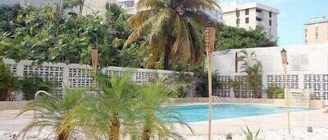 A pool area with palm trees and a white fence.