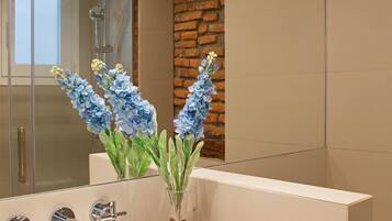 Dusche, Haartrockner, Handtücher, Toilettenpapier