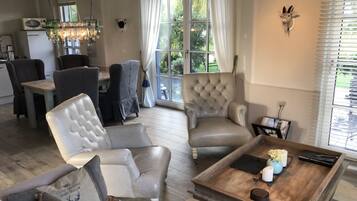 Smart TV, fireplace, books, music library