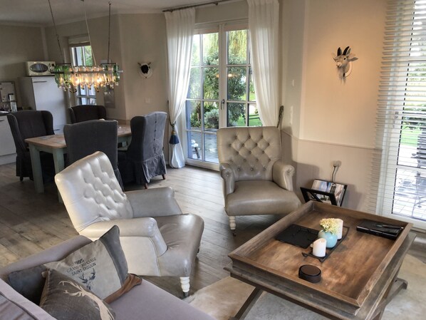 TV connectée, cheminée, livres, médiathèque