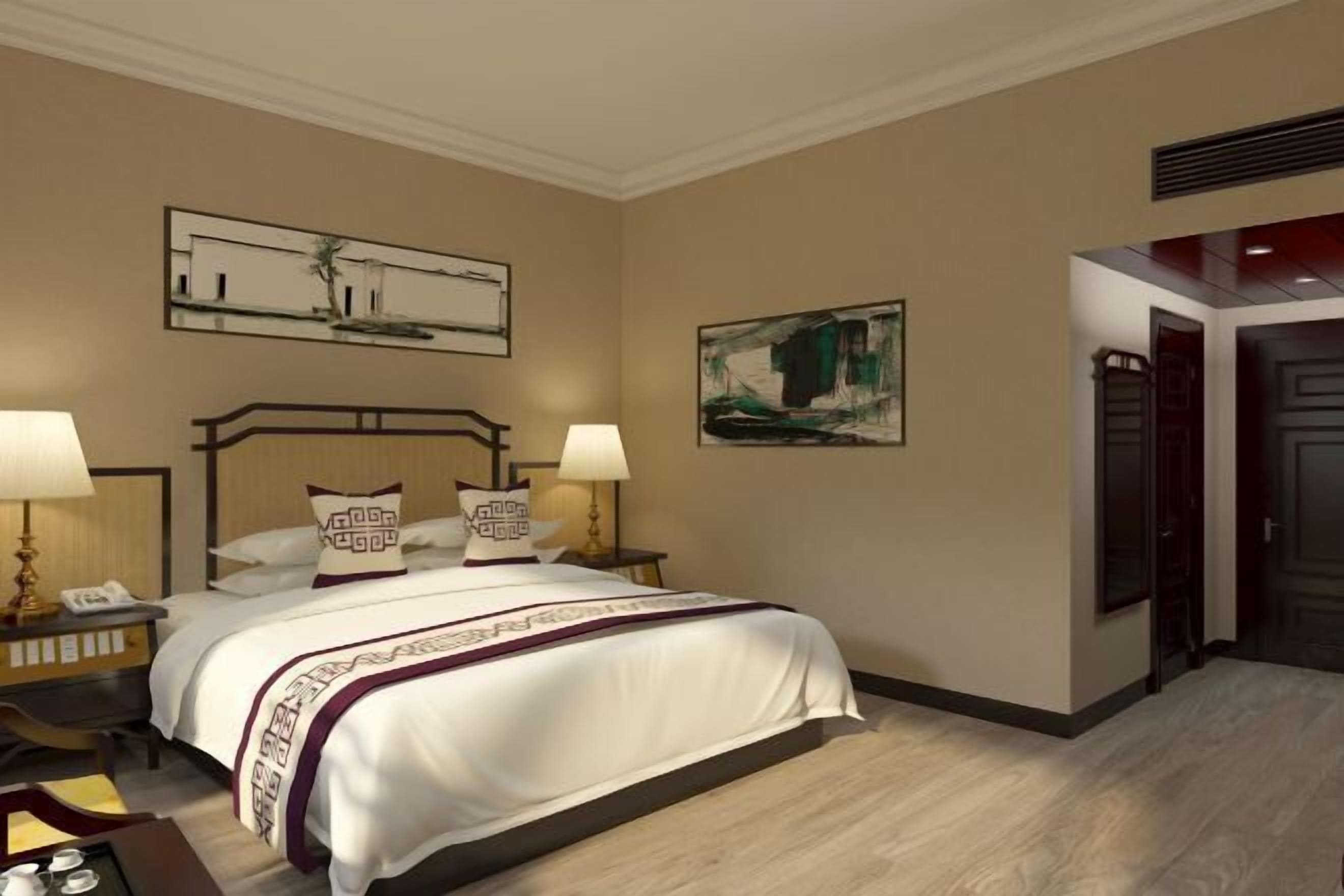 高档床上用品、迷你吧、客房内保险箱、办公桌