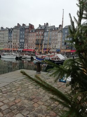 Un port où sont amarrés des bateaux, avec une rangée de bâtiments en arrière-plan.