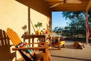 Eine Holzterrasse mit zwei Adirondack-Stühlen, einem kleinen Tisch mit einem Blumentopf und einer Hängematte. Im Hintergrund liegt ein Hund auf dem Boden.