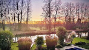 A swimming pool with a view of a lake and trees. - Exceptional retreat near University of Oregon Athletics. Casa del Roots (Eugene)