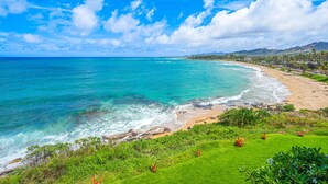 A coastal landscape with a beach, ocean, and lush greenery. - "Picture Perfect" Oceanfront on the Top Floor at Wailua Bay View! (Kapaa)