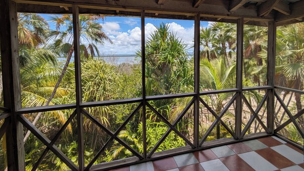 Ein Zimmer mit Blick auf tropische Vegetation und ein Gewässer.