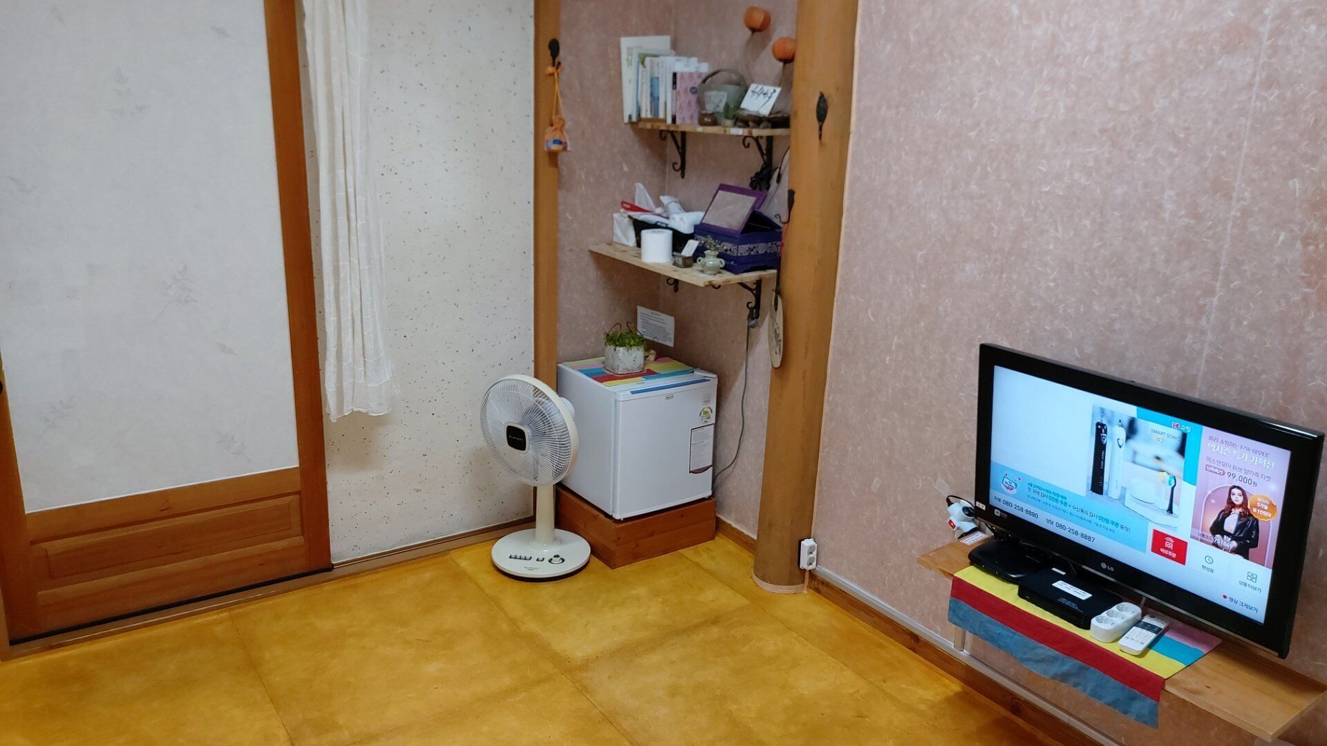 A small room with a wooden floor, a white fan, a white refrigerator, a shelf with books and a plant, and a TV on a stand.