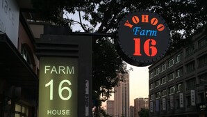 Schild für Farm 16 House mit Kontaktinformationen und Öffnungszeiten.