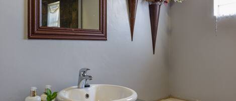 A bathroom with a white sink, a mirror, and two flower pots on the wall.